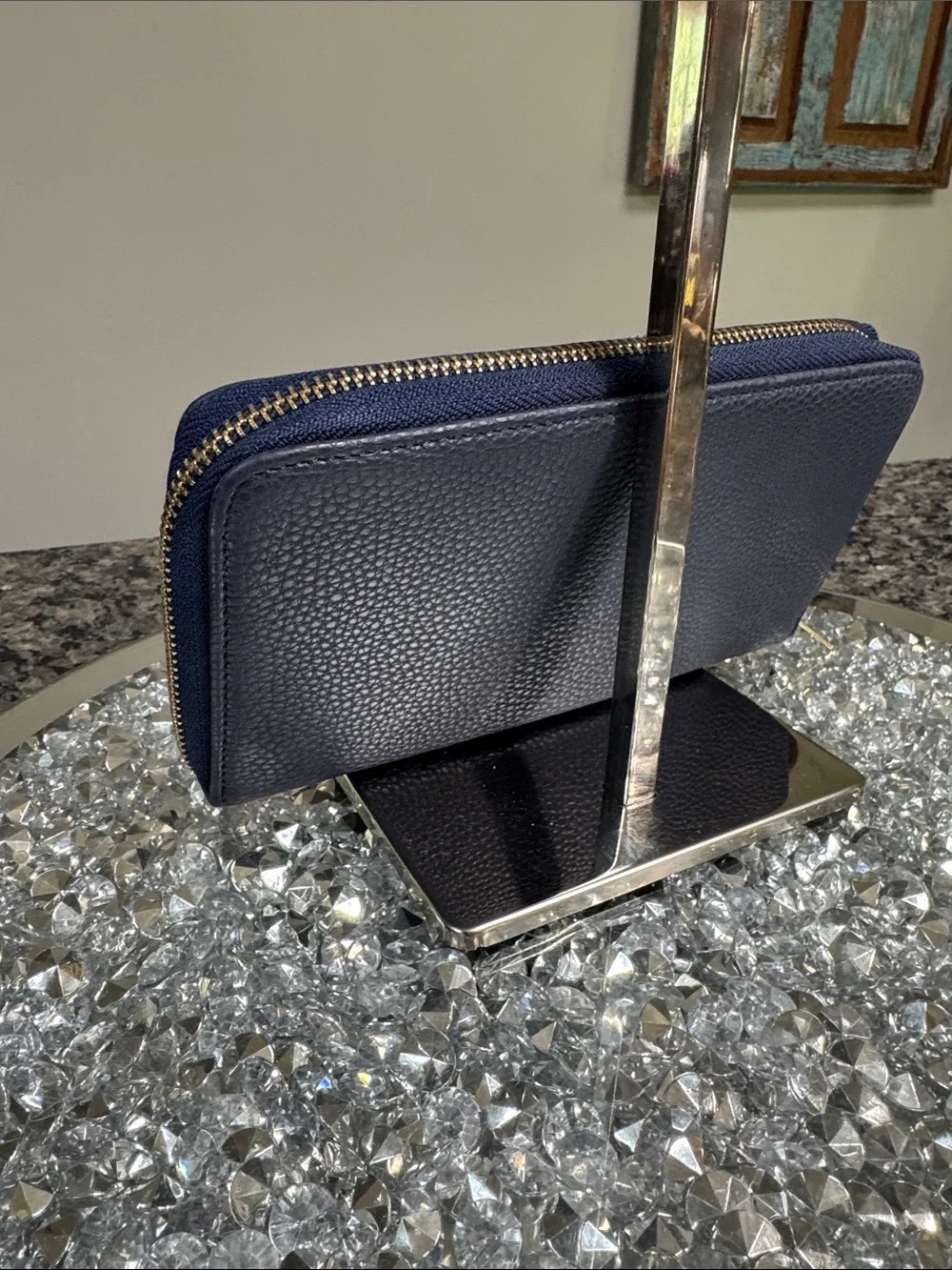 Bandolino Navy Pebbled Zip Wristlet with Gold Plaque